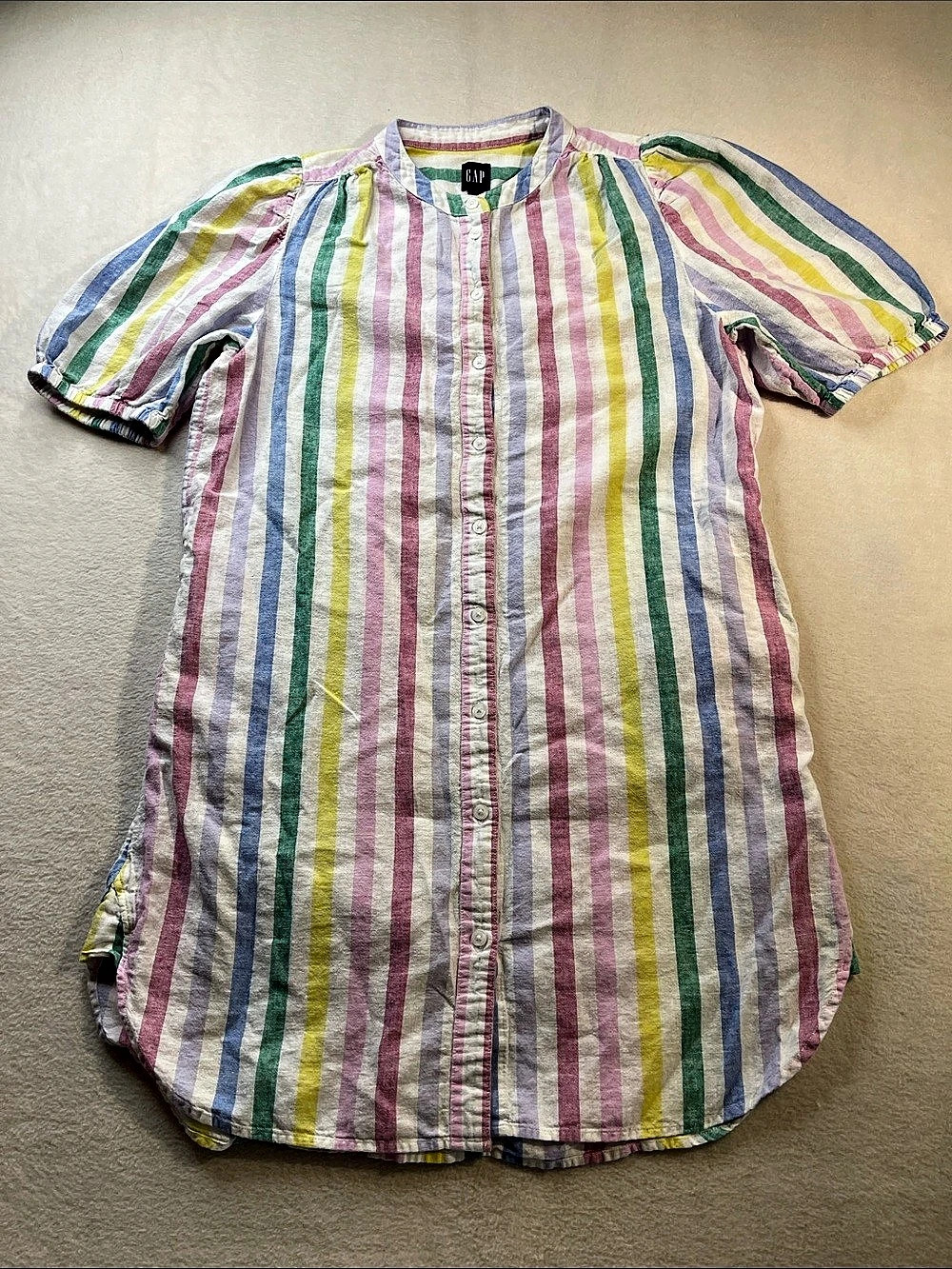 GAP Linen-Cotton Puff-Sleeve Mini Shirtdress Striped Shirt Multicolor & White M